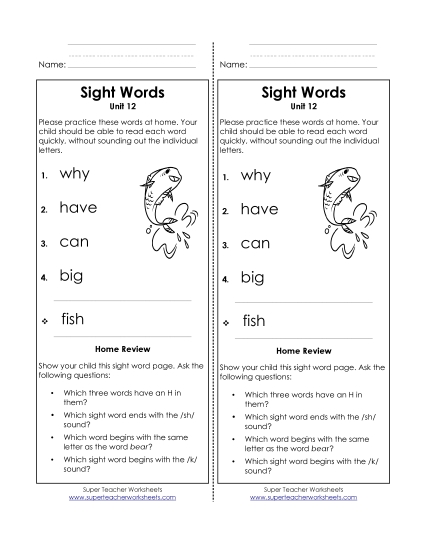 Word List - Take-Home List (Unit 12)  (Printable PDF Worksheet)
