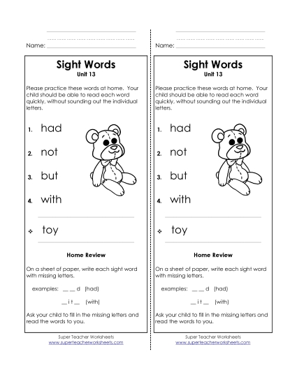 Word List - Take-Home List (Unit 13)  (Printable PDF Worksheet)
