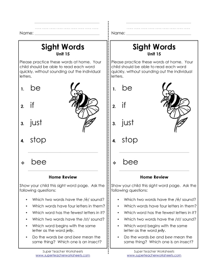 Word List - Take-Home List (Unit 15)  (Printable PDF Worksheet)