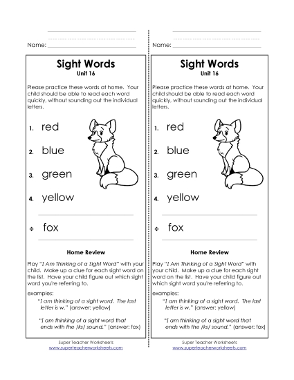 Word List - Take-Home List (Unit 16)  (Printable PDF Worksheet)