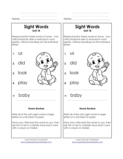 Word List - Take-Home List (Unit 18)  (Printable PDF Worksheet)