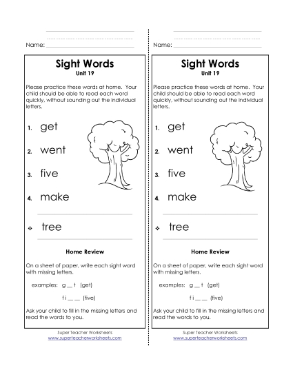 Word List - Take-Home List (Unit 19)  (Printable PDF Worksheet)