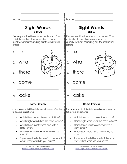 Word List - Take-Home List (Unit 20)  (Printable PDF Worksheet)