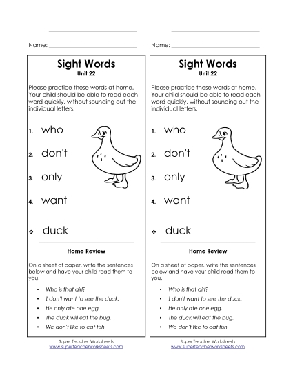 Word List - Take-Home List (Unit 22)  (Printable PDF Worksheet)