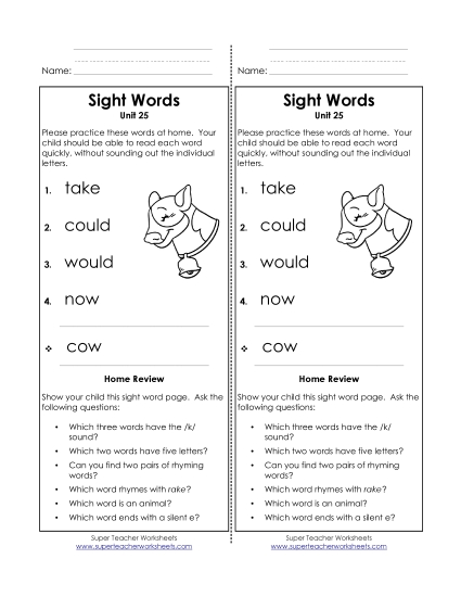 Word List - Take-Home List (Unit 25)  (Printable PDF Worksheet)
