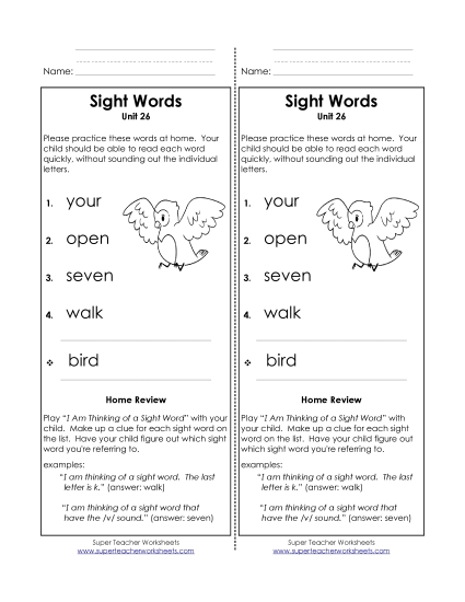 Word List - Take-Home List (Unit 26)  (Printable PDF Worksheet)