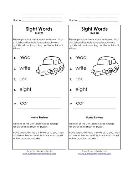 Word List - Take-Home List (Unit 28)  (Printable PDF Worksheet)