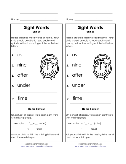Word List - Take-Home List (Unit 29)  (Printable PDF Worksheet)