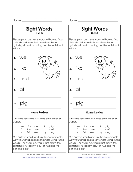Word List - Take-Home List (Unit 3) (Printable PDF Worksheet)
