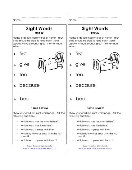Word List - Take-Home List (Unit 30) (Printable PDF Worksheet)