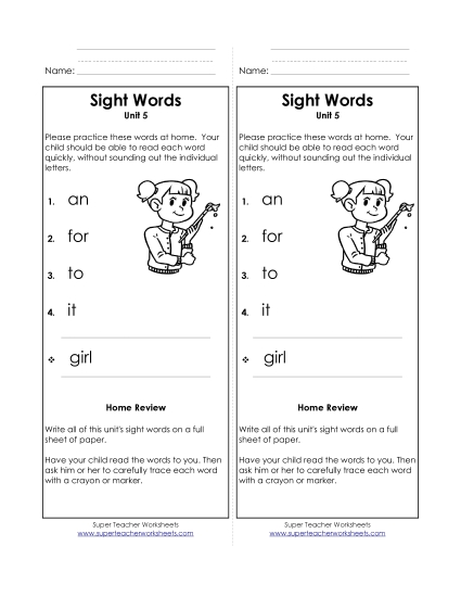Word List - Take-Home List (Unit 5)  (Printable PDF Worksheet)