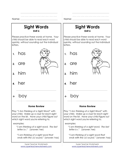 Word List - Take-Home List (Unit 6)  (Printable PDF Worksheet)