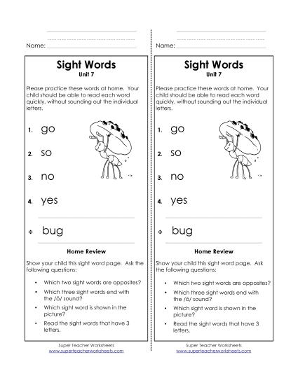 Word List - Take-Home List (Unit 7)  (Printable PDF Worksheet)
