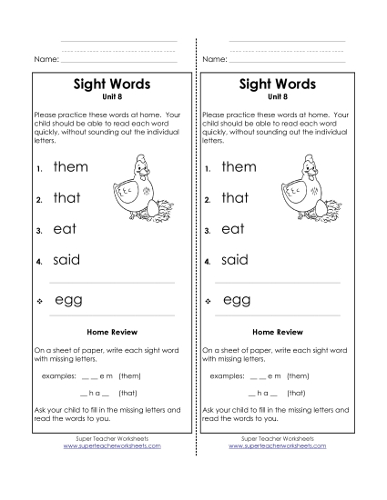 Word List - Take-Home List (Unit 8)  (Printable PDF Worksheet)