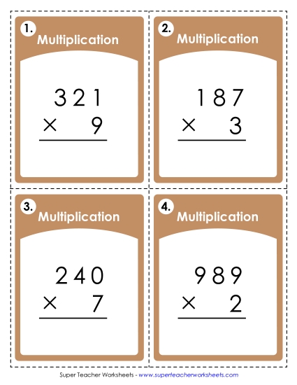 Games and Task Cards - Task Cards (3 Digits times 1 Digit) (Printable PDF Worksheet)