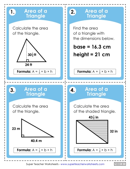 Level: Intermediate Fraction & Decimal Measurements - Task Cards: Area of a Triangle (Intermediate) (Printable PDF Worksheet)