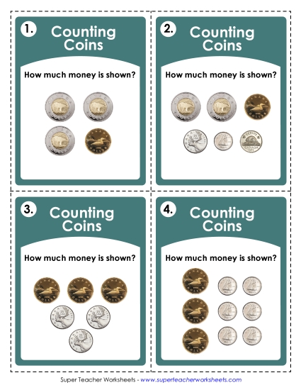 Mixed Coins - Task Cards: Canadian Coins (Intermediate Level) (Printable PDF Worksheet)