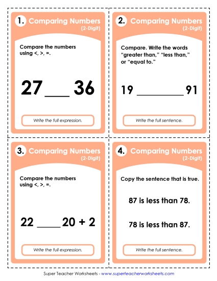 Comparing Numbers - Task Cards: Comparing 2-Digits (Printable PDF Worksheet)