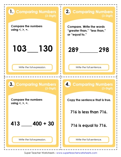 Comparing Numbers - Task Cards: Comparing 3-Digits (Printable PDF Worksheet)