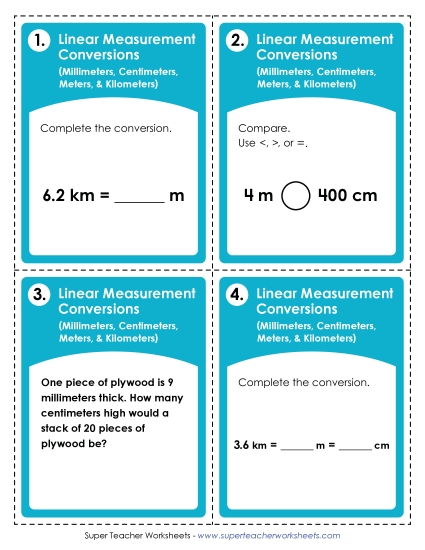 Task Cards - Task Cards: Converting Linear Measurements (mm, cm, m, km) (Printable PDF Worksheet)