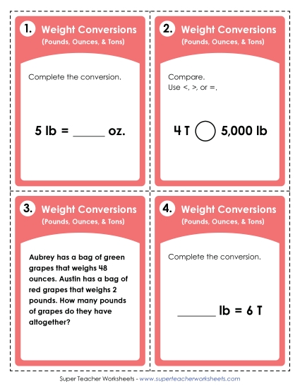 Task Cards - Task Cards:  Converting Pounds, Ounces, and Tons (Printable PDF Worksheet)