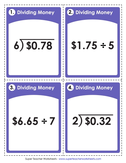 Task Cards: Dividing Money (Printable PDF Worksheet)