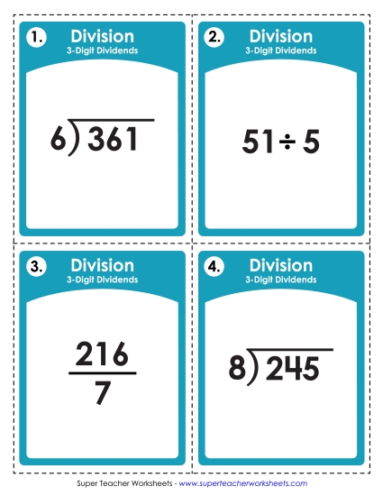 3-Digit Dividends - Task Cards: Division with 3-Digit Dividends (Printable PDF Worksheet)
