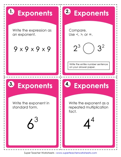 Exponents w/ Whole Numbers as a Base - Task Cards: Exponents (Printable PDF Worksheet)