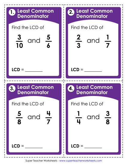 Two Fractions - Task Cards: Least Common Denominator (Printable PDF Worksheet)