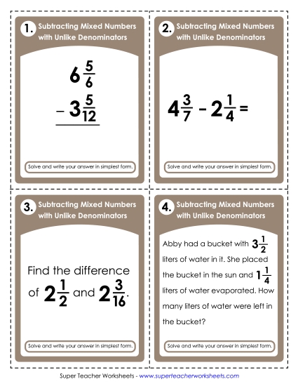 Subtracting Mixed Numbers: Different Denominators - Task Cards: Mixed Number Subtraction (Unlike Denominators) (Printable PDF Worksheet)