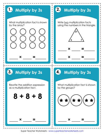 Multiply by 3s Only - Task Cards: Multiplying by 3s (Printable PDF Worksheet)