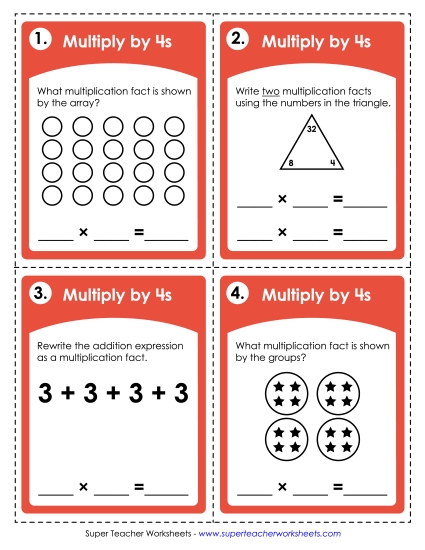 Multiplication by 4s Only - Task Cards: Multiplying by 4s (Printable PDF Worksheet)