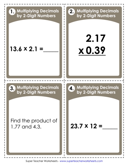Multiplying Decimals By 1-Digit Numbers - Task Cards: Multiplying Decimals by 2-Digit Numbers (Printable PDF Worksheet)