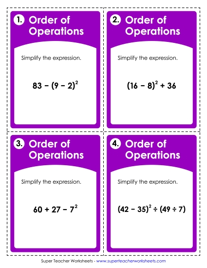 Whole Numbers Only - Task Cards: Order of Operations (Printable PDF Worksheet)