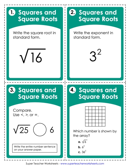 Task Cards: Squares & Square Roots (Printable PDF Worksheet)