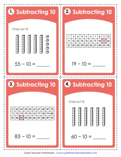 Subtracting 10 - Task Cards: Subtracting 10 (Printable PDF Worksheet)