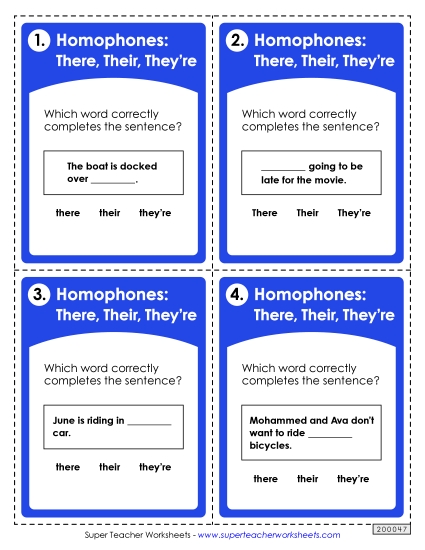 There, Their, They're - Task Cards: There, Their, They're (Printable PDF Worksheet)