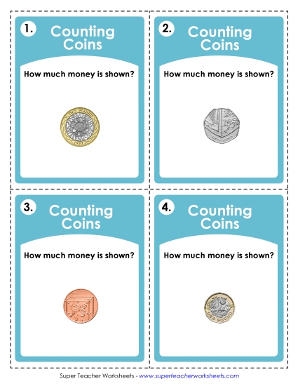 Modern Coins - Task Cards: UK Pounds (Basic Level) (Printable PDF Worksheet)
