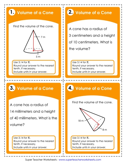 Level: Basic - Task Cards: Volumes of Cones (Basic) (Printable PDF Worksheet)