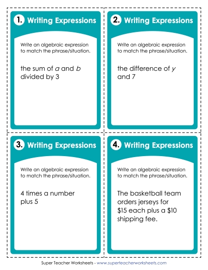 Level: Advanced (2-Step w/ Parenthesis) - Task Cards: Writing Expressions (Printable PDF Worksheet)
