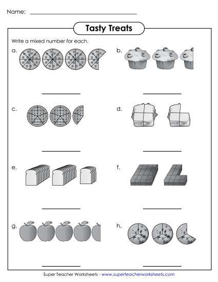 Mixed Numbers (Basic Concept) - Tasty Treats - Mixed Numbers (Printable PDF Worksheet)