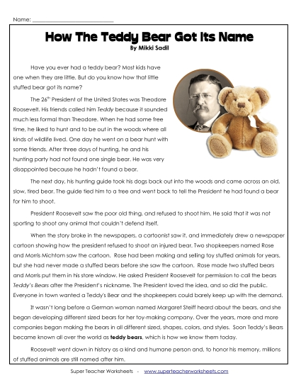 Nonfiction Articles - Teddy Bear (True Story) (Printable PDF Worksheet)