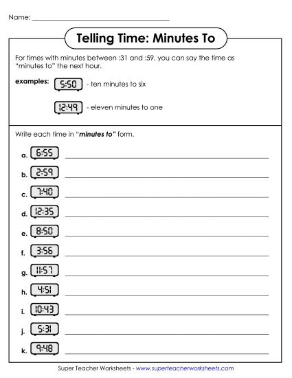 Reading Clocks: Nearest Minute - Telling Time Worksheet (Minutes To) (Printable PDF Worksheet)