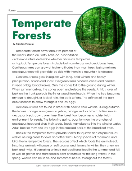 Nonfiction Articles - Temperate Forests (Printable PDF Worksheet)