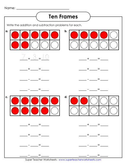 Ten Frames - Ten-Frame Fact Families (Printable PDF Worksheet)