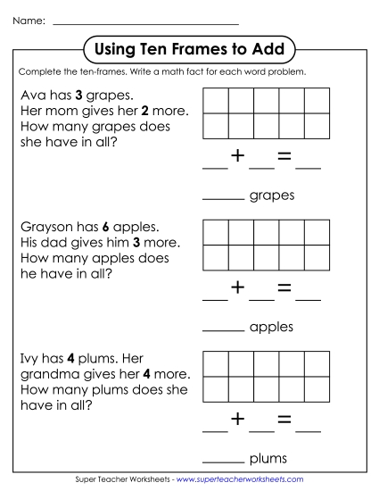 Ten-Frame Addition - Ten-Frame Word Problems (Printable PDF Worksheet)