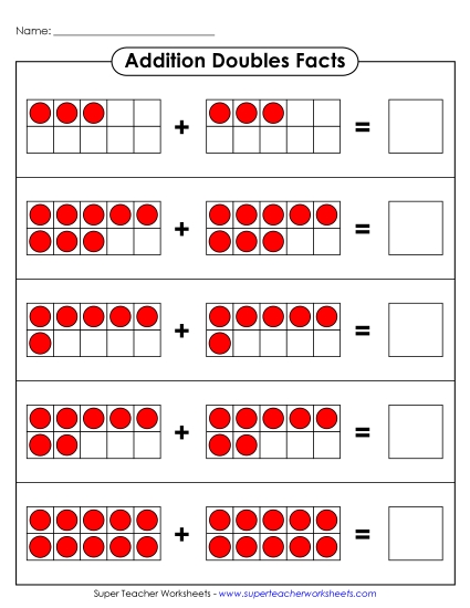 Graphical Concept Worksheets: Addition Doubles Facts - Ten Frames - Doubles Facts (Printable PDF Worksheet)