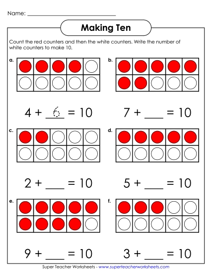 Worksheets - Ten Frames: Making 10 (Printable PDF Worksheet)