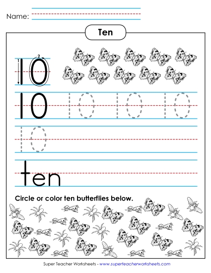 Number Ten - Ten: Trace, Print, Count (Printable PDF Worksheet)