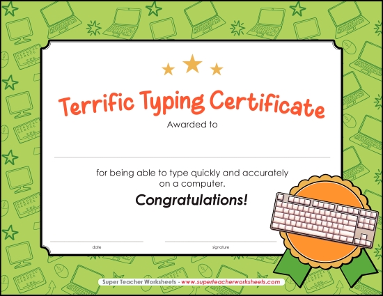 Computer Awards - Terrific Typing Certificate (Printable PDF Worksheet)